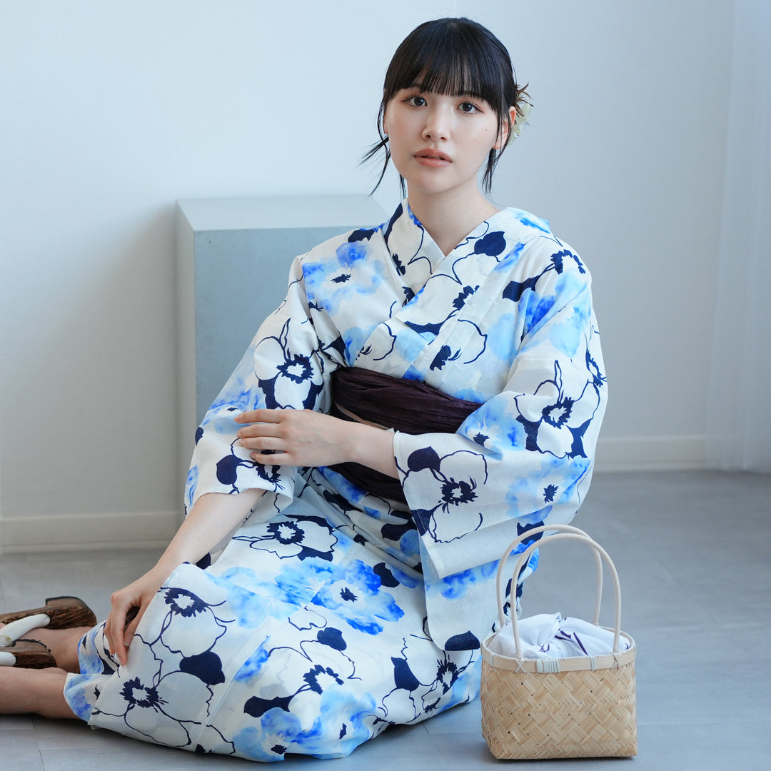 高級変わり織 浴衣2点セット ( ゆかた・帯)白地に紺と青のぼかし