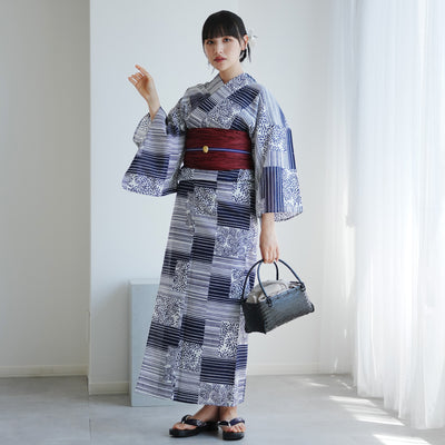 【高級変わり織 浴衣2点セット ( ゆかた・帯 )紺の縞々と菊の変わり市松】 レディース コットン100％ フリーサイズ（5026290011）
