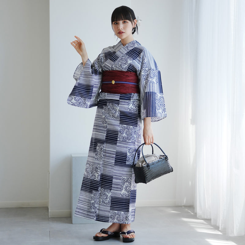 【高級変わり織 浴衣2点セット ( ゆかた・帯 )紺の縞々と菊の変わり市松】 レディース コットン100％ フリーサイズ（5026290011）
