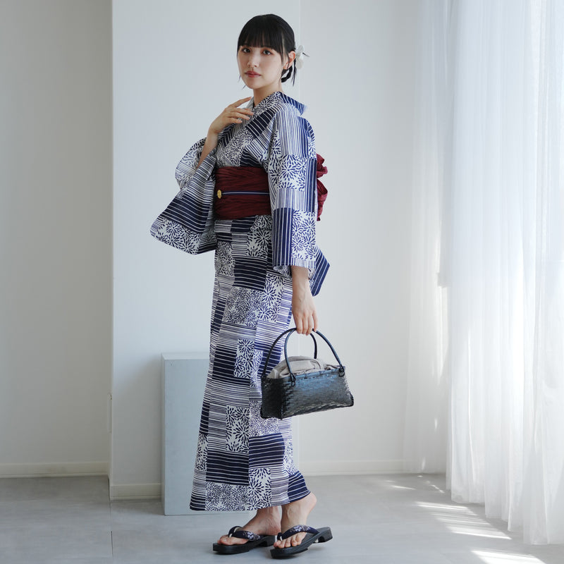【高級変わり織 浴衣2点セット ( ゆかた・帯 )紺の縞々と菊の変わり市松】 レディース コットン100％ フリーサイズ（5026290011）