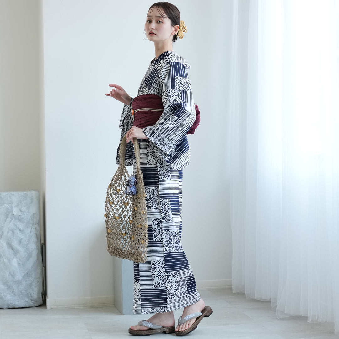 高級変わり織 浴衣2点セット ( ゆかた・帯 )紺の縞々と菊の変わり市松