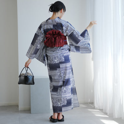 【高級変わり織 浴衣2点セット ( ゆかた・帯 )紺の縞々と菊の変わり市松】 レディース コットン100％ フリーサイズ（5026290011）
