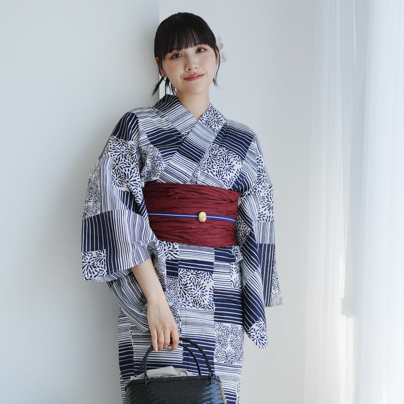 【高級変わり織 浴衣2点セット ( ゆかた・帯 )紺の縞々と菊の変わり市松】 レディース コットン100％ フリーサイズ（5026290011）