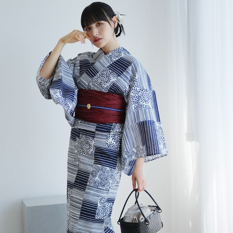 【高級変わり織 浴衣2点セット ( ゆかた・帯 )紺の縞々と菊の変わり市松】 レディース コットン100％ フリーサイズ（5026290011）