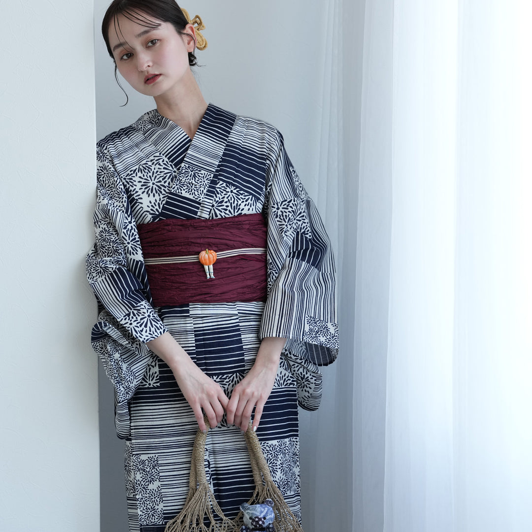 高級変わり織 浴衣2点セット ( ゆかた・帯 )紺の縞々と菊の変わり市松