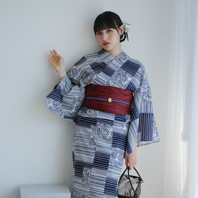 【高級変わり織 浴衣2点セット ( ゆかた・帯 )紺の縞々と菊の変わり市松】 レディース コットン100％ フリーサイズ（5026290011）