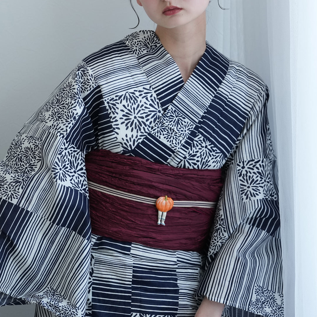 高級変わり織 浴衣2点セット ( ゆかた・帯 )紺の縞々と菊の変わり市松
