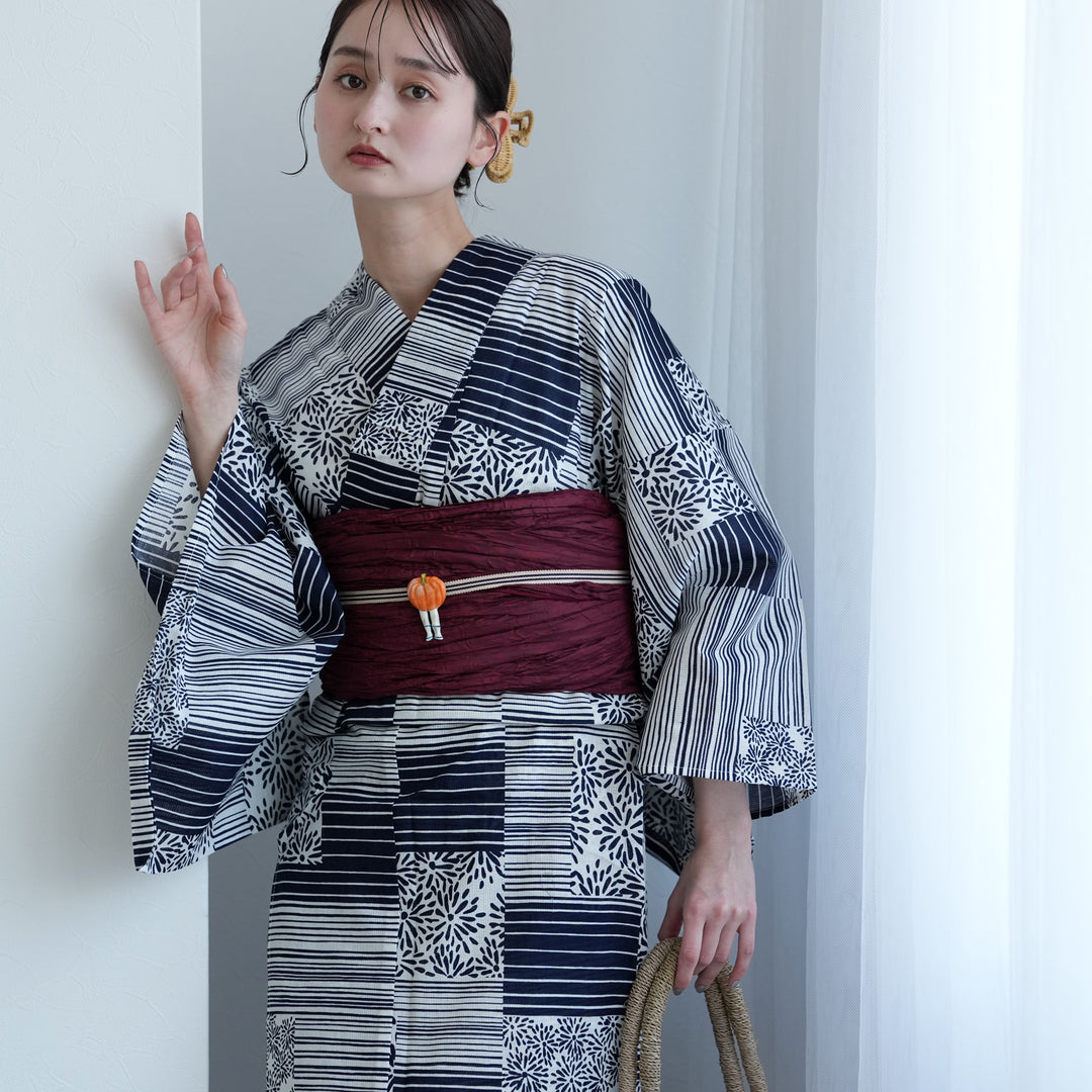 高級変わり織 浴衣2点セット ( ゆかた・帯 )紺の縞々と菊の変わり市松
