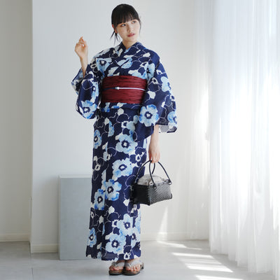 【高級変わり織 浴衣2点セット ( ゆかた・帯 )紺地にぼかし椿】 レディース コットン100％ フリーサイズ（5026290211）