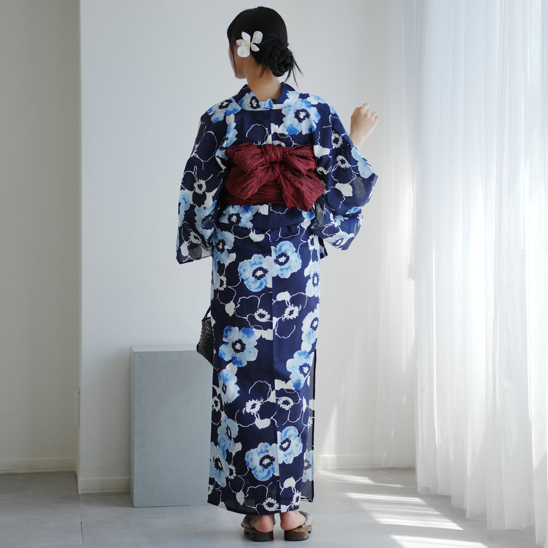 高級変わり織 浴衣2点セット ( ゆかた・帯 )紺地にぼかし椿