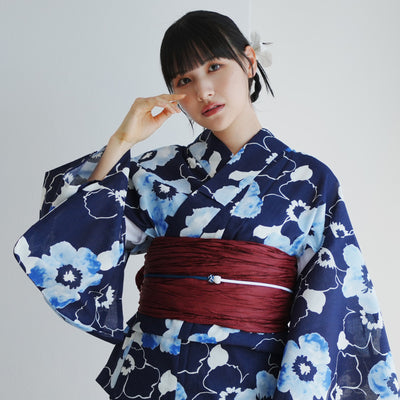 【高級変わり織 浴衣2点セット ( ゆかた・帯 )紺地にぼかし椿】 レディース コットン100％ フリーサイズ（5026290211）