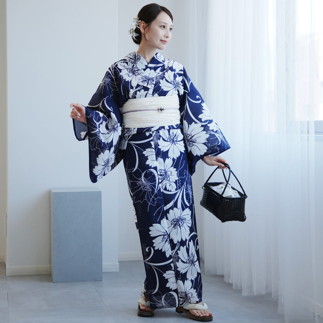 高級変わり織 浴衣2点セット ( ゆかた・帯 ) 紺地になでしこ