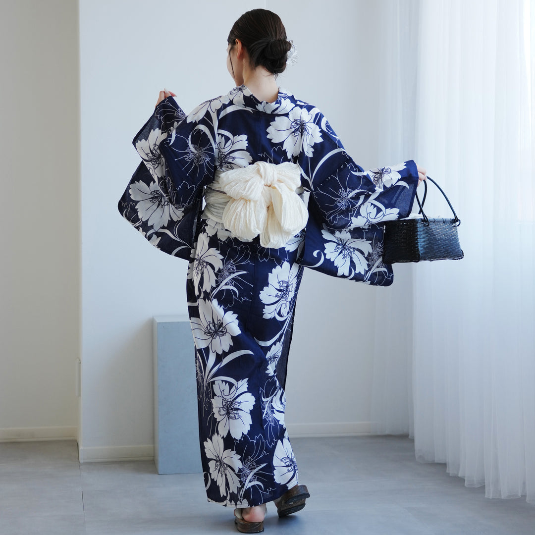 高級変わり織 浴衣2点セット ( ゆかた・帯 ) 紺地になでしこ