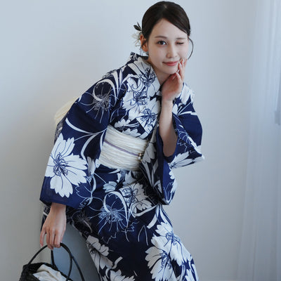 ◆高級変わり織浴衣◆高貴紫のなでしこ揺れる古典ゆかた◆新品未使用　呉服店購入 ニコアンティーク 高級変わり織 浴衣3点セット ( ゆかた・帯