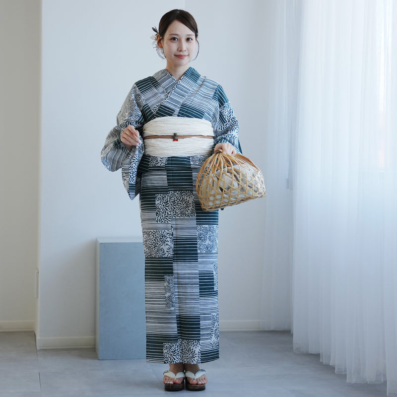 【高級変わり織 浴衣2点セット ( ゆかた・帯 ) 抹茶の縞々と菊の変わり市松】 レディース コットン100％ フリーサイズ（5026290411）