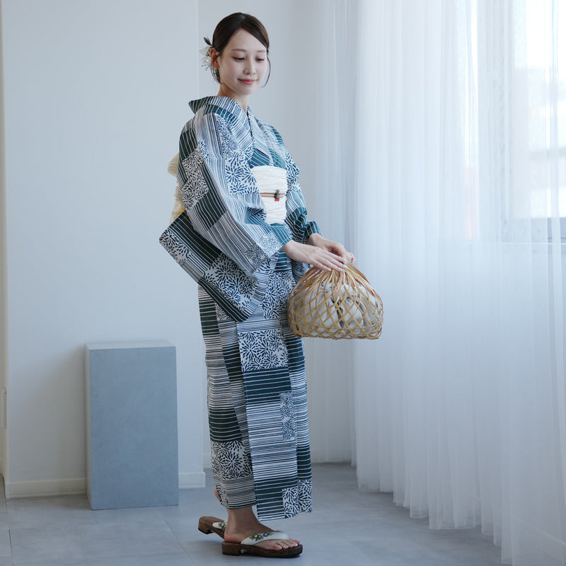 【高級変わり織 浴衣2点セット ( ゆかた・帯 ) 抹茶の縞々と菊の変わり市松】 レディース コットン100％ フリーサイズ（5026290411）