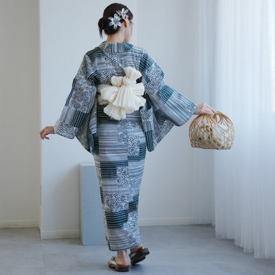 【高級変わり織 浴衣2点セット ( ゆかた・帯 ) 抹茶の縞々と菊の変わり市松】 レディース コットン100％ フリーサイズ（5026290411）