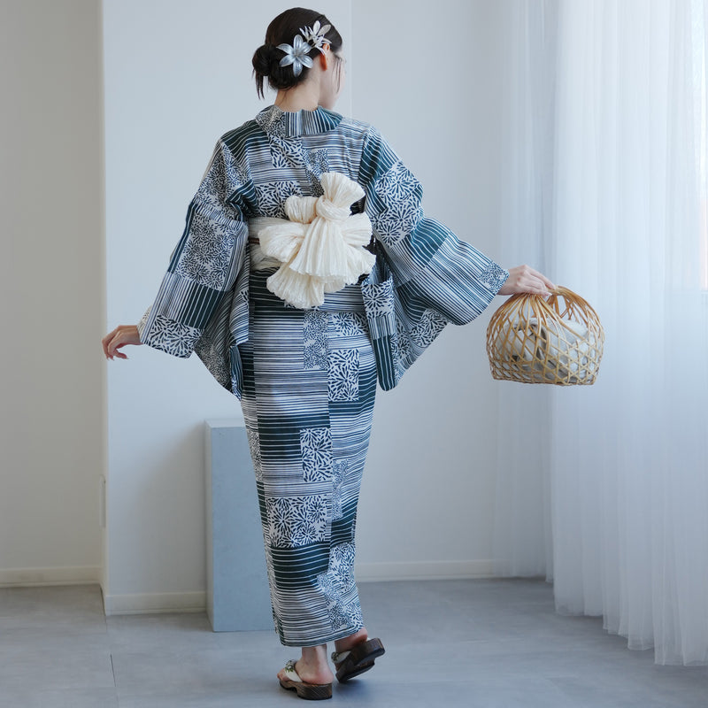 【高級変わり織 浴衣2点セット ( ゆかた・帯 ) 抹茶の縞々と菊の変わり市松】 レディース コットン100％ フリーサイズ（5026290411）