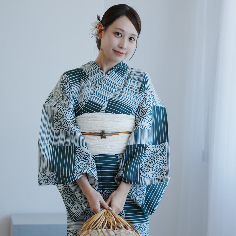 【高級変わり織 浴衣2点セット ( ゆかた・帯 ) 抹茶の縞々と菊の変わり市松】 レディース コットン100％ フリーサイズ（5026290411）