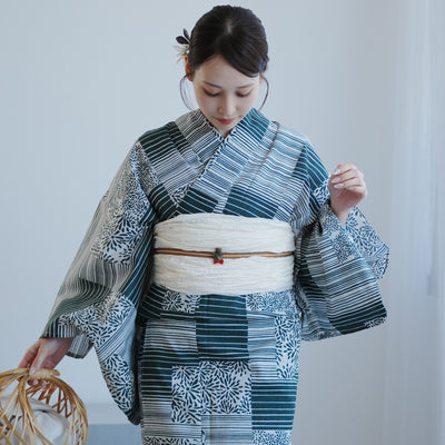 【高級変わり織 浴衣2点セット ( ゆかた・帯 ) 抹茶の縞々と菊の変わり市松】 レディース コットン100％ フリーサイズ（5026290411）
