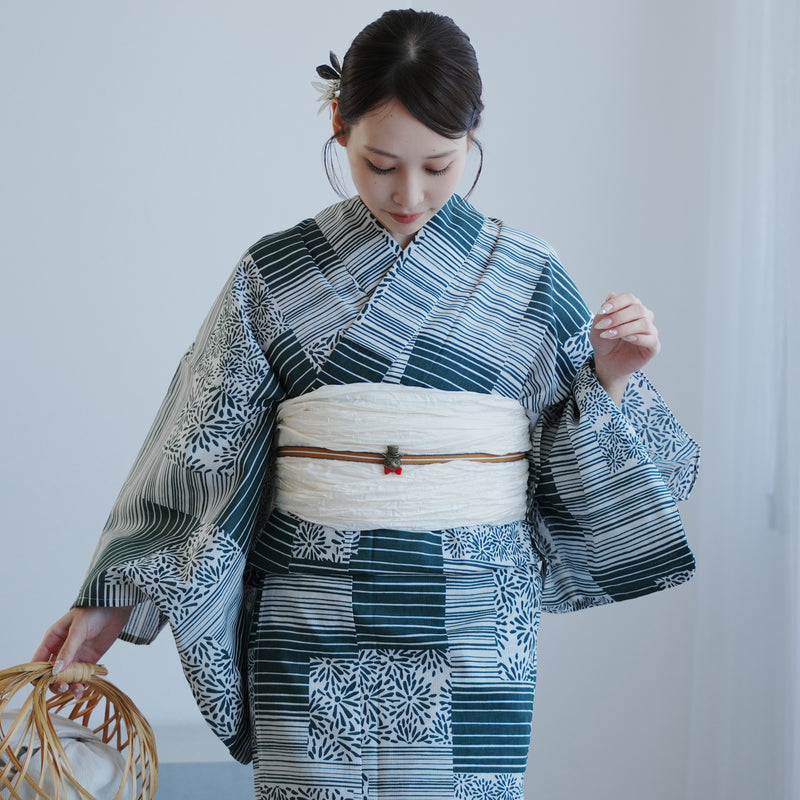 【高級変わり織 浴衣2点セット ( ゆかた・帯 ) 抹茶の縞々と菊の変わり市松】 レディース コットン100％ フリーサイズ（5026290411）