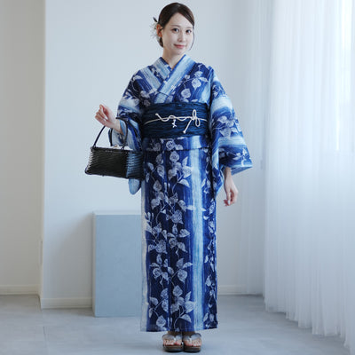 【高級変わり織 浴衣2点セット ( ゆかた・帯 ) 紺ぼかし縞つゆくさ】 レディース コットン100％ フリーサイズ（5026290511）