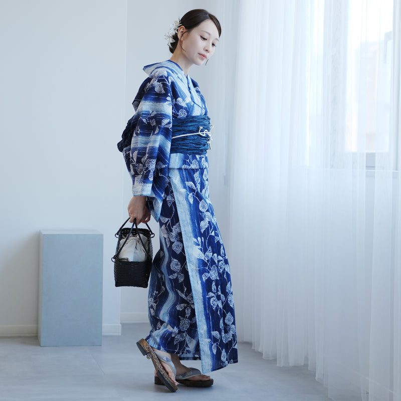 【高級変わり織 浴衣2点セット ( ゆかた・帯 ) 紺ぼかし縞つゆくさ】 レディース コットン100％ フリーサイズ（5026290511）