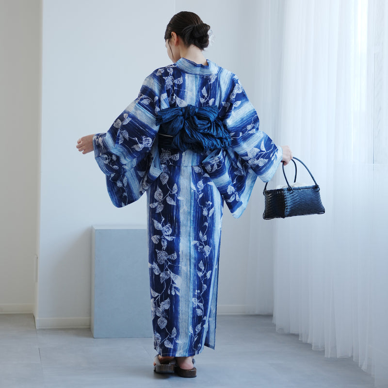 【高級変わり織 浴衣2点セット ( ゆかた・帯 ) 紺ぼかし縞つゆくさ】 レディース コットン100％ フリーサイズ（5026290511）