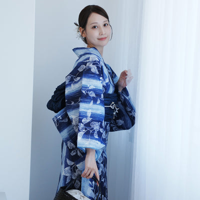 【高級変わり織 浴衣2点セット ( ゆかた・帯 ) 紺ぼかし縞つゆくさ】 レディース コットン100％ フリーサイズ（5026290511）