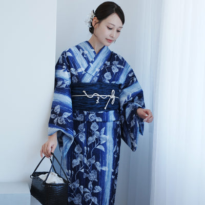 【高級変わり織 浴衣2点セット ( ゆかた・帯 ) 紺ぼかし縞つゆくさ】 レディース コットン100％ フリーサイズ（5026290511）