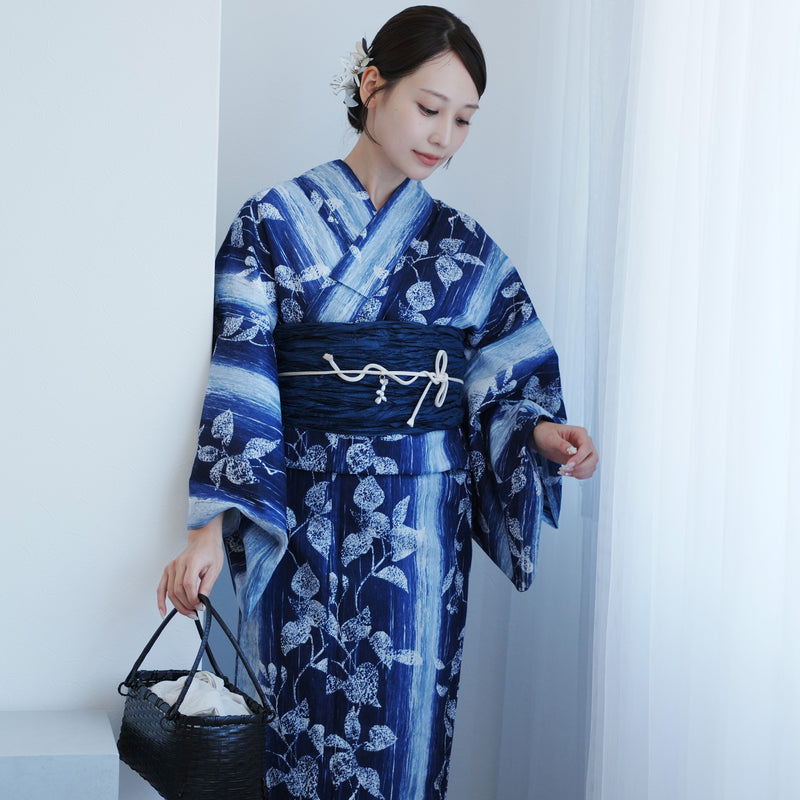 【高級変わり織 浴衣2点セット ( ゆかた・帯 ) 紺ぼかし縞つゆくさ】 レディース コットン100％ フリーサイズ（5026290511）