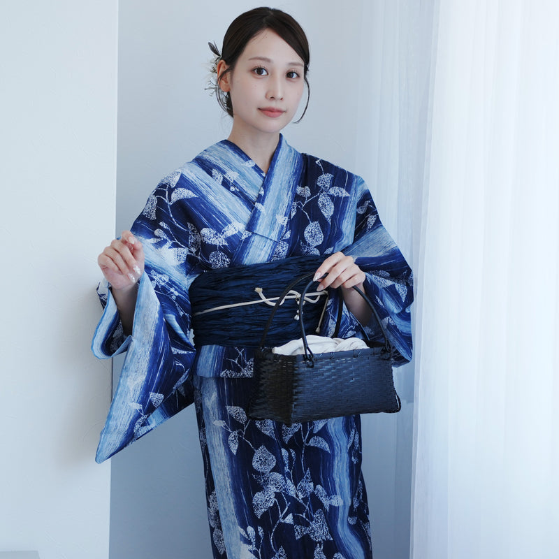 【高級変わり織 浴衣2点セット ( ゆかた・帯 ) 紺ぼかし縞つゆくさ】 レディース コットン100％ フリーサイズ（5026290511）