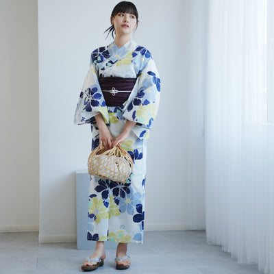 【高級変わり織 浴衣2点セット ( ゆかた・帯 )白地に爽やか花重ね】 レディース コットン100％ フリーサイズ（5026290611）