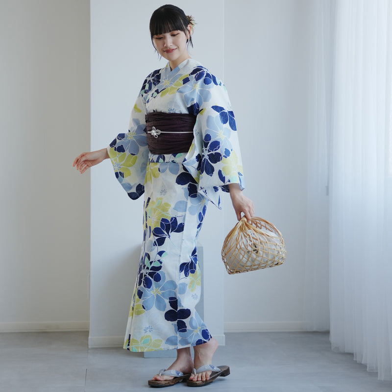 【高級変わり織 浴衣2点セット ( ゆかた・帯 )白地に爽やか花重ね】 レディース コットン100％ フリーサイズ（5026290611）