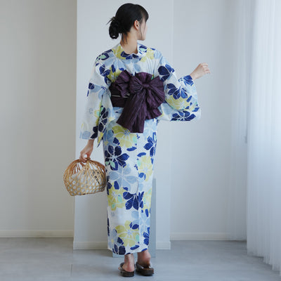 【高級変わり織 浴衣2点セット ( ゆかた・帯 )白地に爽やか花重ね】 レディース コットン100％ フリーサイズ（5026290611）