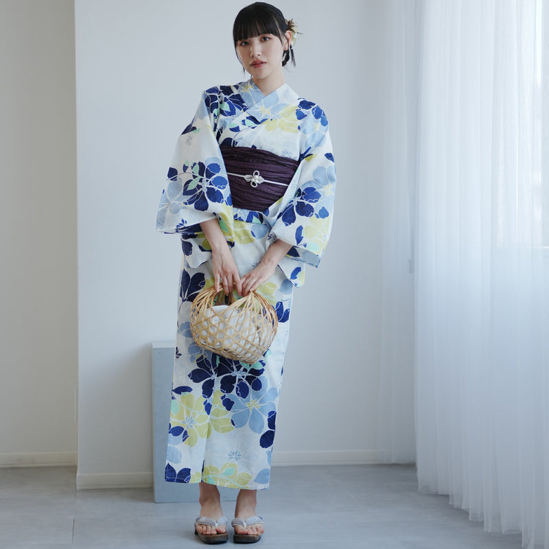 【高級変わり織 浴衣2点セット ( ゆかた・帯 )白地に爽やか花重ね】 レディース コットン100％ フリーサイズ（5026290611）