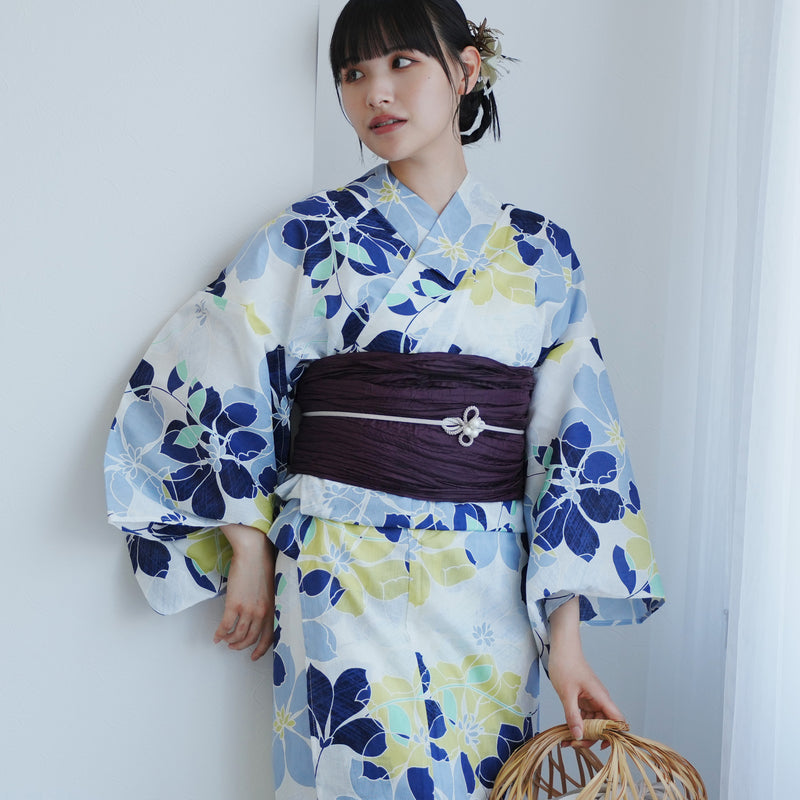 【高級変わり織 浴衣2点セット ( ゆかた・帯 )白地に爽やか花重ね】 レディース コットン100％ フリーサイズ（5026290611）