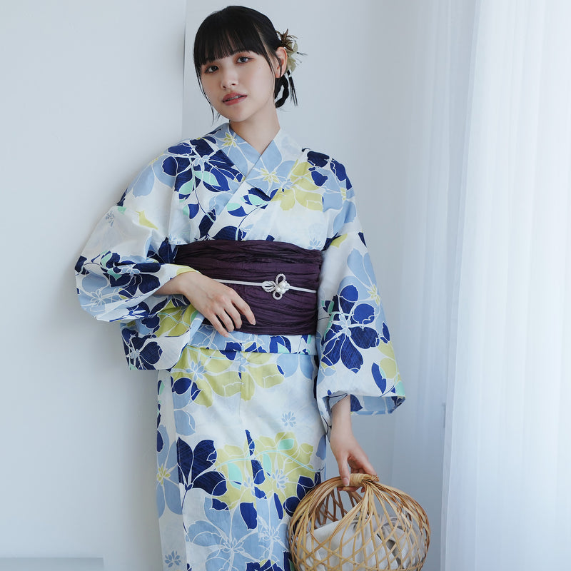 【高級変わり織 浴衣2点セット ( ゆかた・帯 )白地に爽やか花重ね】 レディース コットン100％ フリーサイズ（5026290611）
