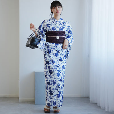 【高級変わり織 浴衣2点セット ( ゆかた・帯 )白地にくすみネイビーの唐草小花】 レディース コットン100％ フリーサイズ（5026290711）
