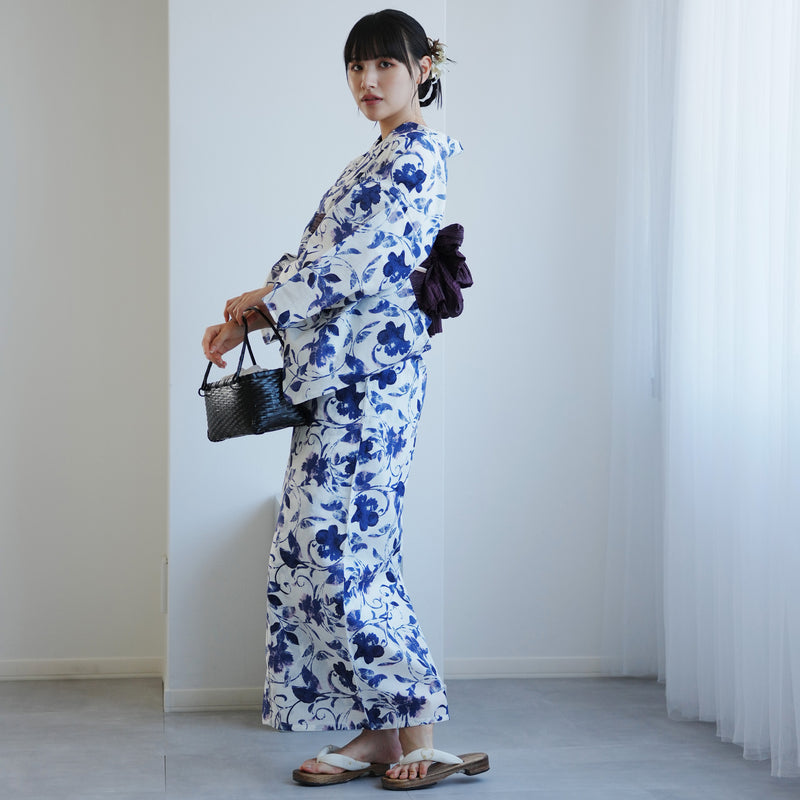 【高級変わり織 浴衣2点セット ( ゆかた・帯 )白地にくすみネイビーの唐草小花】 レディース コットン100％ フリーサイズ（5026290711）
