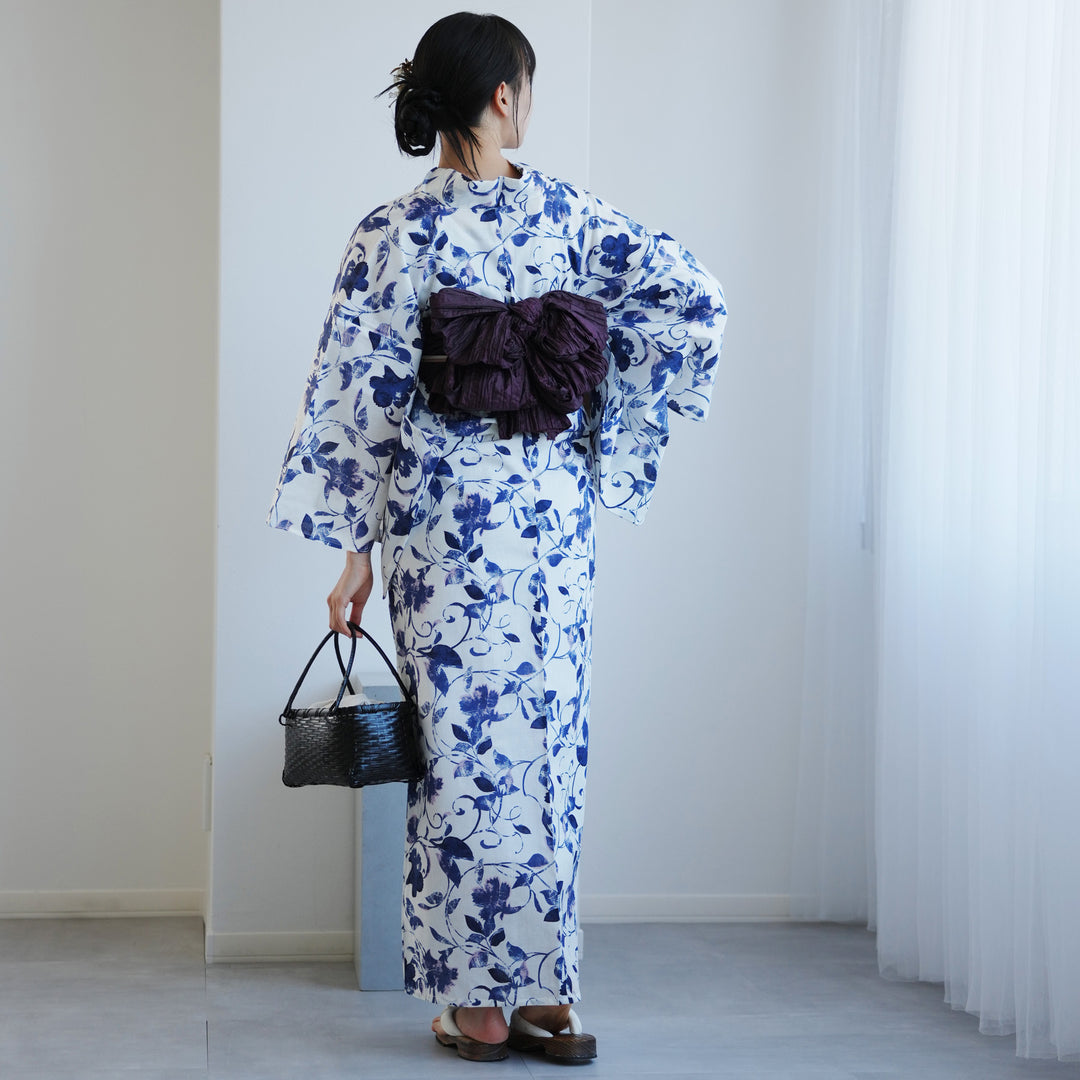 高級変わり織 浴衣2点セット ( ゆかた・帯 )白地にくすみ