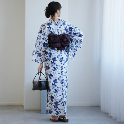 【高級変わり織 浴衣2点セット ( ゆかた・帯 )白地にくすみネイビーの唐草小花】 レディース コットン100％ フリーサイズ（5026290711）