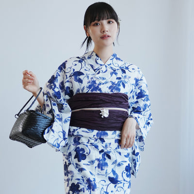 【高級変わり織 浴衣2点セット ( ゆかた・帯 )白地にくすみネイビーの唐草小花】 レディース コットン100％ フリーサイズ（5026290711）