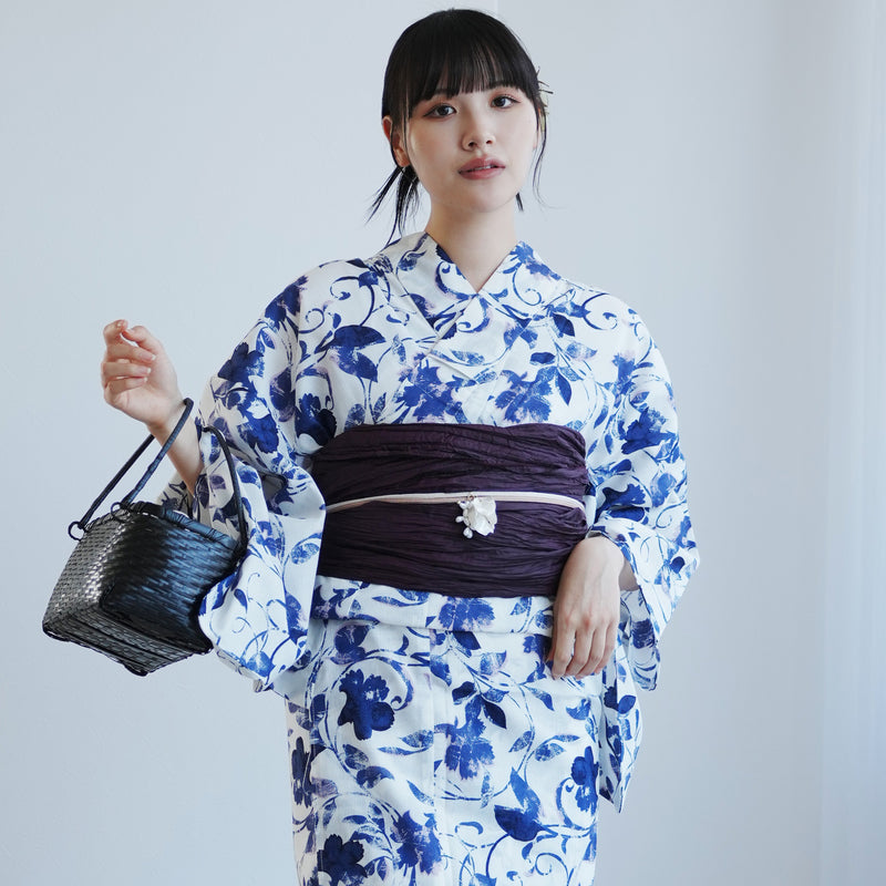 【高級変わり織 浴衣2点セット ( ゆかた・帯 )白地にくすみネイビーの唐草小花】 レディース コットン100％ フリーサイズ（5026290711）