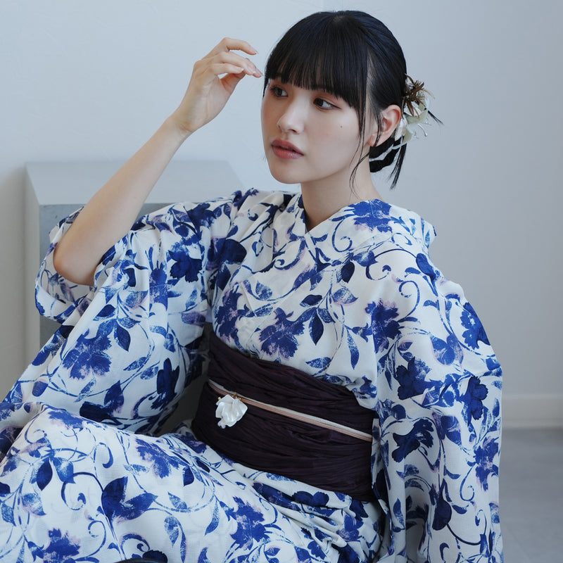 【高級変わり織 浴衣2点セット ( ゆかた・帯 )白地にくすみネイビーの唐草小花】 レディース コットン100％ フリーサイズ（5026290711）