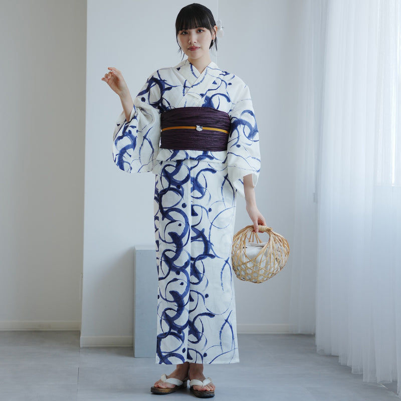 【高級変わり織 浴衣2点セット ( ゆかた・帯 ) 白地に紺のぼかし筆描き】 レディース コットン100％ フリーサイズ（5026290811）