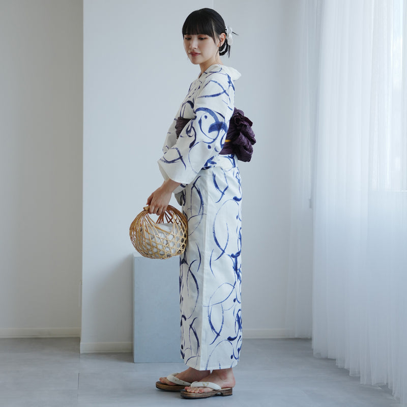 【高級変わり織 浴衣2点セット ( ゆかた・帯 ) 白地に紺のぼかし筆描き】 レディース コットン100％ フリーサイズ（5026290811）
