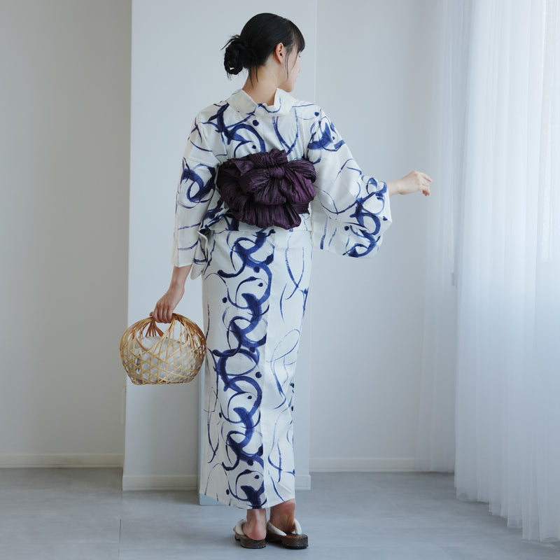 【高級変わり織 浴衣2点セット ( ゆかた・帯 ) 白地に紺のぼかし筆描き】 レディース コットン100％ フリーサイズ（5026290811）