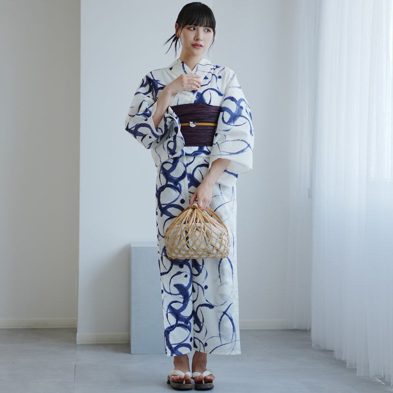 【高級変わり織 浴衣2点セット ( ゆかた・帯 ) 白地に紺のぼかし筆描き】 レディース コットン100％ フリーサイズ（5026290811）