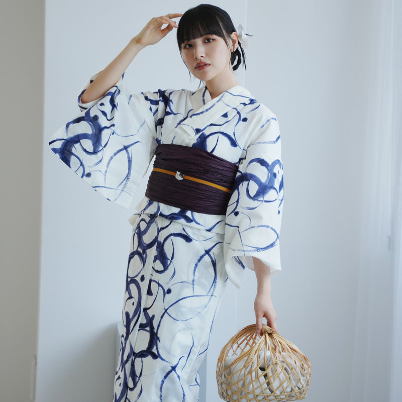 【高級変わり織 浴衣2点セット ( ゆかた・帯 ) 白地に紺のぼかし筆描き】 レディース コットン100％ フリーサイズ（5026290811）